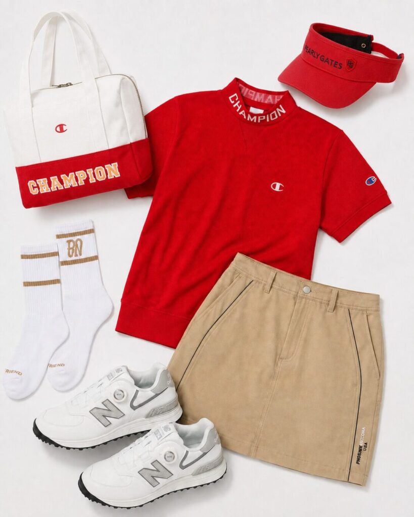 No.058｜赤×ベージュのスポーティカジュアルなゴルフ女子コーデ